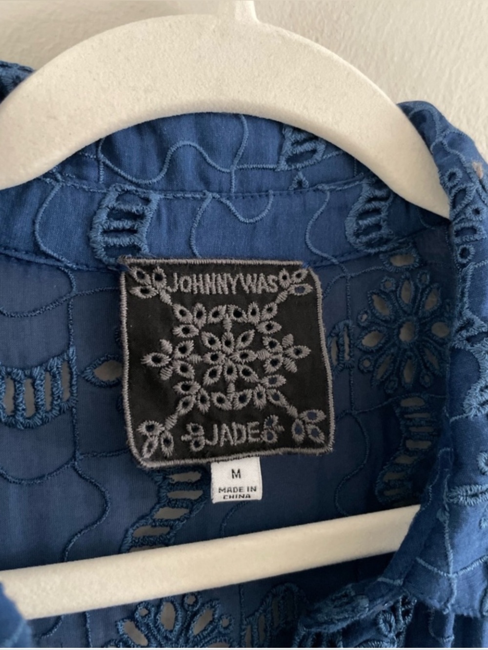 Johnny Was Embroidered Eyelet Tiered Maxi Dress Button Front Blue Size M - Picture 6 of 6
